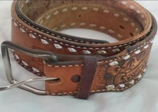 Vtg Tooled Leather WESTERN Rodeo Belt w BILL in center back 46.5" L