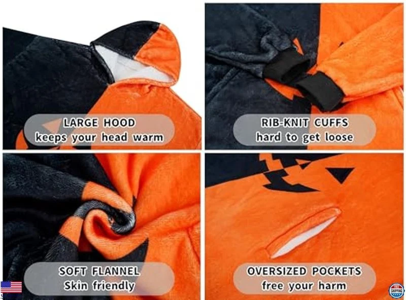 Oversized Flannel Wearable Blanket Hoodie - Spooky Pumpkin Halloween Gift