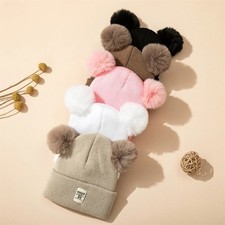 New Baby Double Fur Pure Pom Pom Winter Hat Girl Boy Hats Balls Beanie Warm Cap