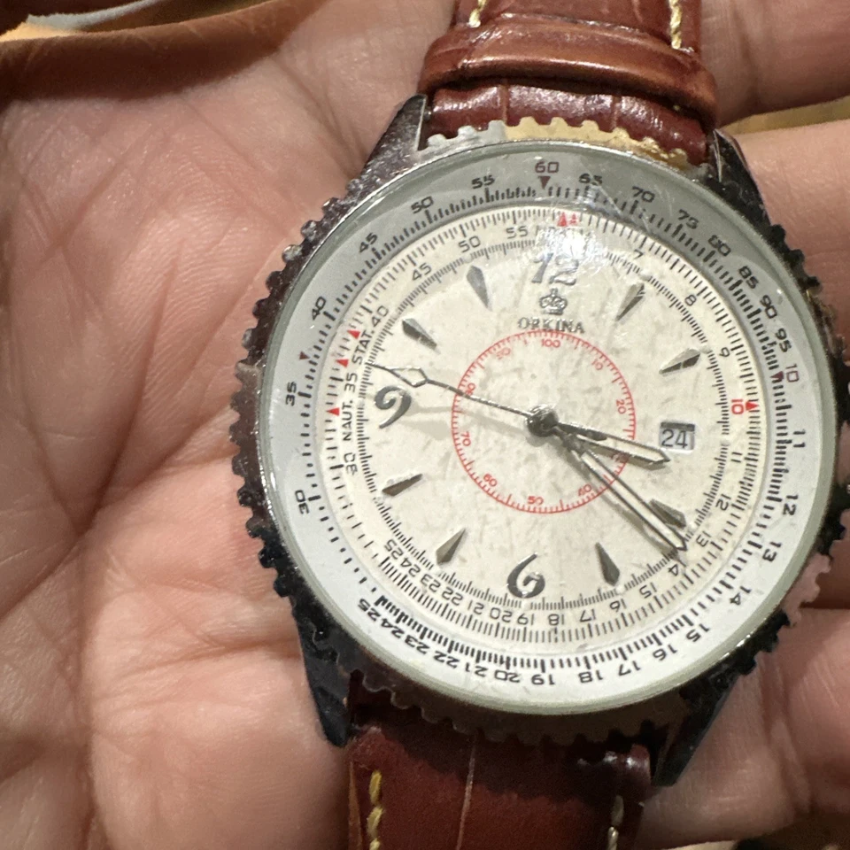 Working Vintage MG ORKINA Quartz 男士腕表 42 毫米 棕色表带 罕见 — 第 4/4 张图片