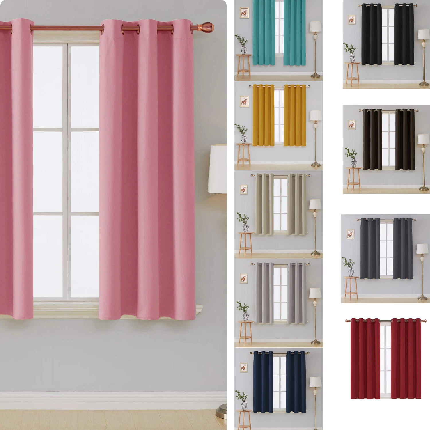 Plain Ready Made Thermal Blackout Curtains Eyelet Ring Top with Free Tie Backs
