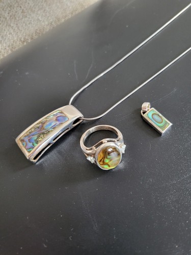 Lot Of 3 Sterling Silver Abalone Shell Jewelry Necklace Pendants Ring