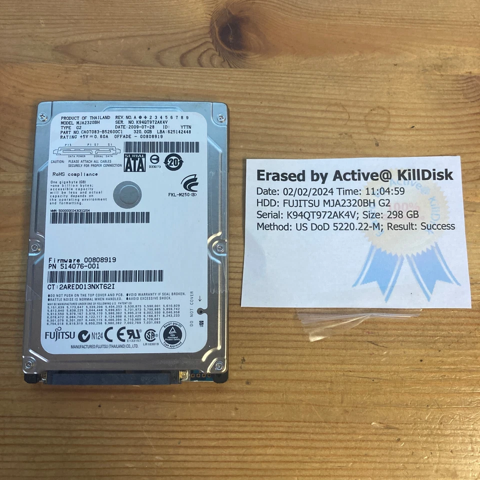 Fujitsu 320GB 5400RPM Laptop Hard Drive 2.5" HDD [MJA2320BH] SATA, PN 514076-001 - Image 2 of 4