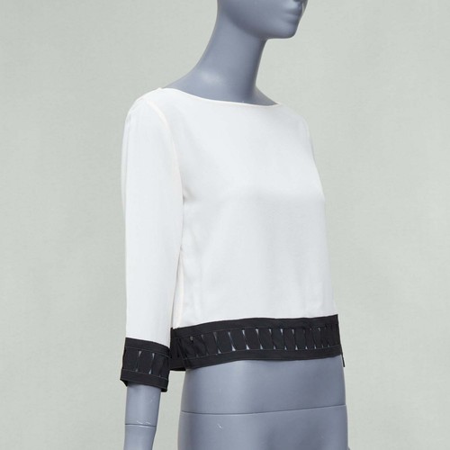 MOSCHINO 100% silk cream black applique hem colorblock top IT38 XS - Picture 3 of 9