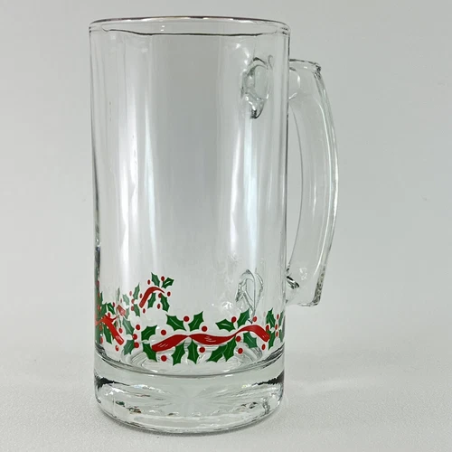Libby Arby’s Christmas Holly & Berry Gold Trim Beer Mug Glass Stein Mug 1980’s