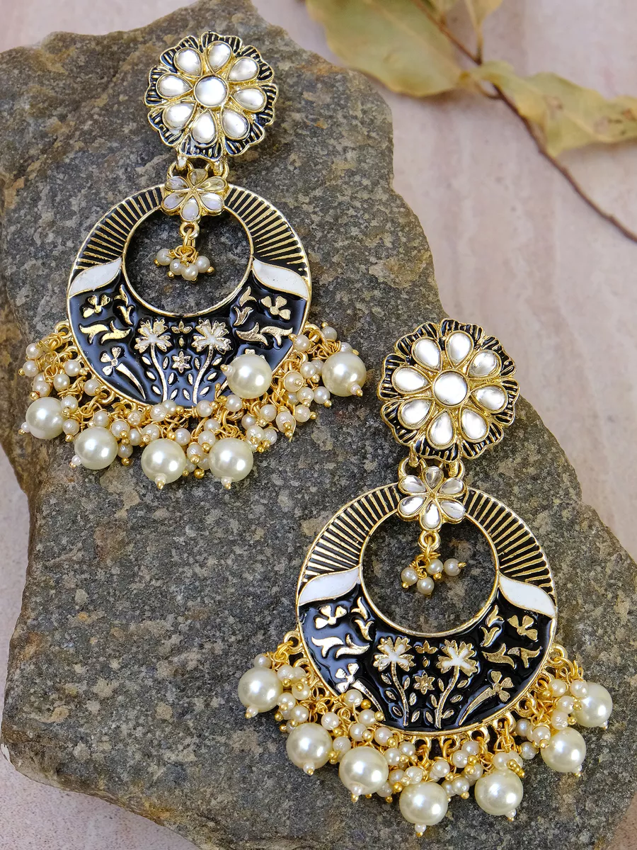 Gold-Plated Black & White Kundan Earrings – DIVAWALK | Online Shopping for  Designer Jewellery, Clothing, Handbags in India