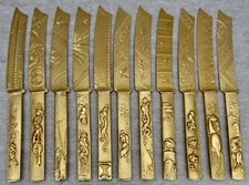 RARE SET OF 11 GORHAM JAPANESE GILT STERLING 7 1/2" DESSERT KNIVES MINT!!!!!