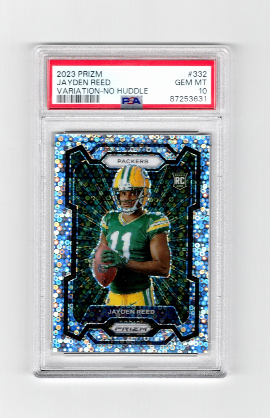 JAYDEN REED GREEN BAY PACKERS 2023 PRIZM NO HUDDLE VARIATION ROOKIE CARD PSA 10