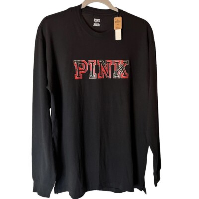 PINK Women Victoria s Secret T Shirt Medium Campus Crew Plaid Logo Black LS