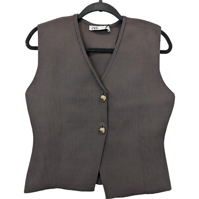 Zara Womens Vest Knit Top Cardigan Gray XL V-neck Gold Button 4192