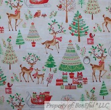 BonEful FABRIC FQ Cotton Quilt Cream Red Green Gold Rein Deer Xmas Tree Gift Dot