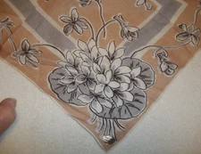 VINTAGE LADIES Handkerchief PURE LINEN Tan Black Gray White Floral Hand Rold Hem