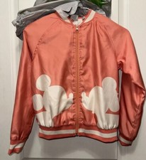 Disney Minnie And Mickey Mouse Bomber Jacket Girls Size M Coral Zip up Satin