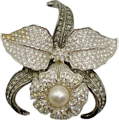 Nolan Miller Vtg Orchid Flower Brooch Crystal Pave Rhinestone Statement Jewelry