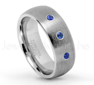 September Birthstone Blue Sapphire 3-Stone Ring, Dome Tungsten Ring  #069