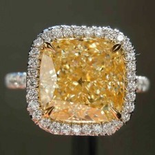 4 Ct Cushion Halo Canary Yellow Diamond Engagement Ring 14K White Gold Finish