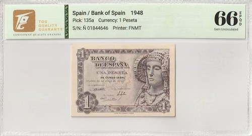 1948 Spain 1 Peseta Pick#135a 66 EPQ Gem UNC