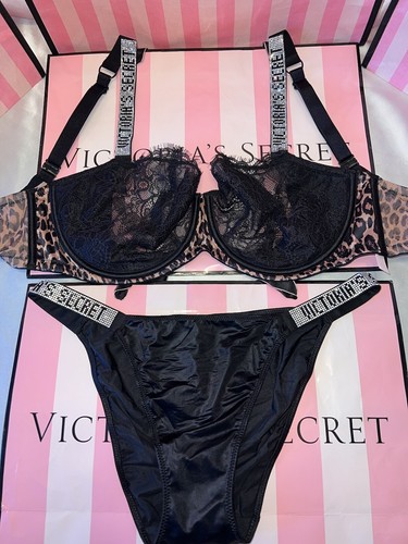 Victoria's Secret Very Shine Strap Bra Panty 38DD/Large Cheetah Black
