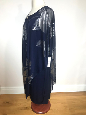 Beautiful Navy Dress with Flowers on Sheer Cover Size 16W NWT Glamour Nights
