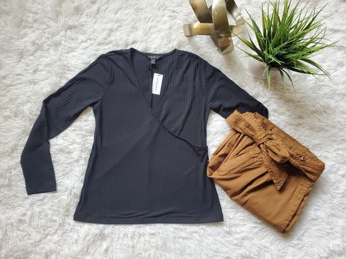 Banana Republic Women's Long Sleeve Ribbed Wrap T-Shirt Black Size XS PETITE - 第 2/7 張圖片