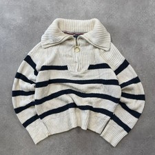 Tommy Hilfiger Jumper Womens XS Quarter Zip Striped Chunky Knit Sweater, Cream