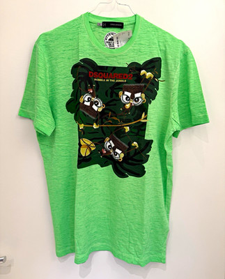 Original Dsquared2 Herren T-Shirt Grün S Kurzarm Rundhals Logo-Print Jungle