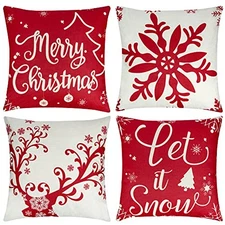 4Pcs Outdoor Christmas Pillows, Red Christmas Throw Pillows, Snowflakes Merry 