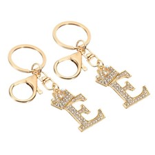 Initial Letter Keychain, 2 Pcs Letter E Crown Design Charm, Gold Tone