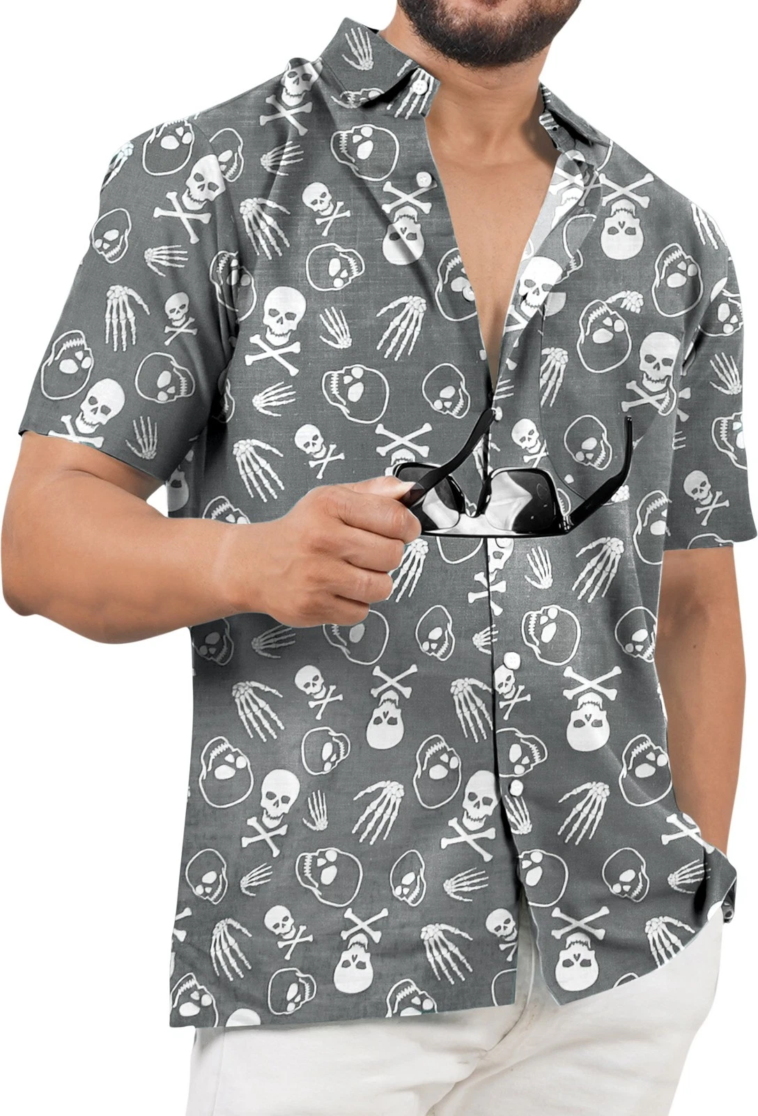 HAPPY BAY Mens Hawaiian Short Sleeve Button Down Shirts L Bones, Skull Grey