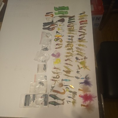 Large Mixed Fishing Lures, spinners Tackle Lot 70+ Soft Plastic Hard Baits Jigs 