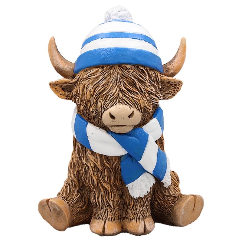 Highland Cow Figurine Blue Scarf & Hat Scottish Ornament Display Decoration