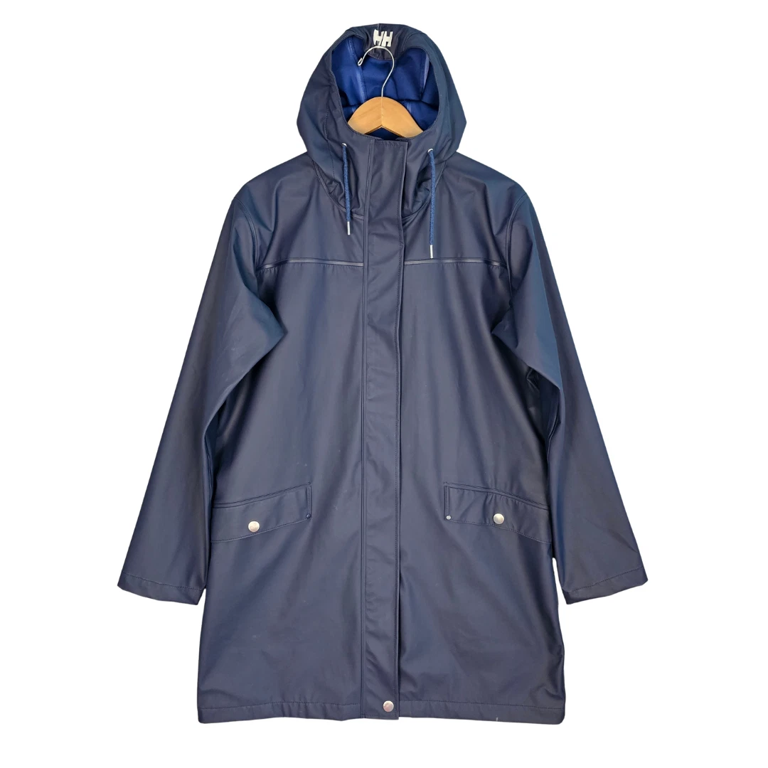 Helly Hansen Helox Long Rain Jacket Mens L Dark Blue Hooded Waterproof Full Zip