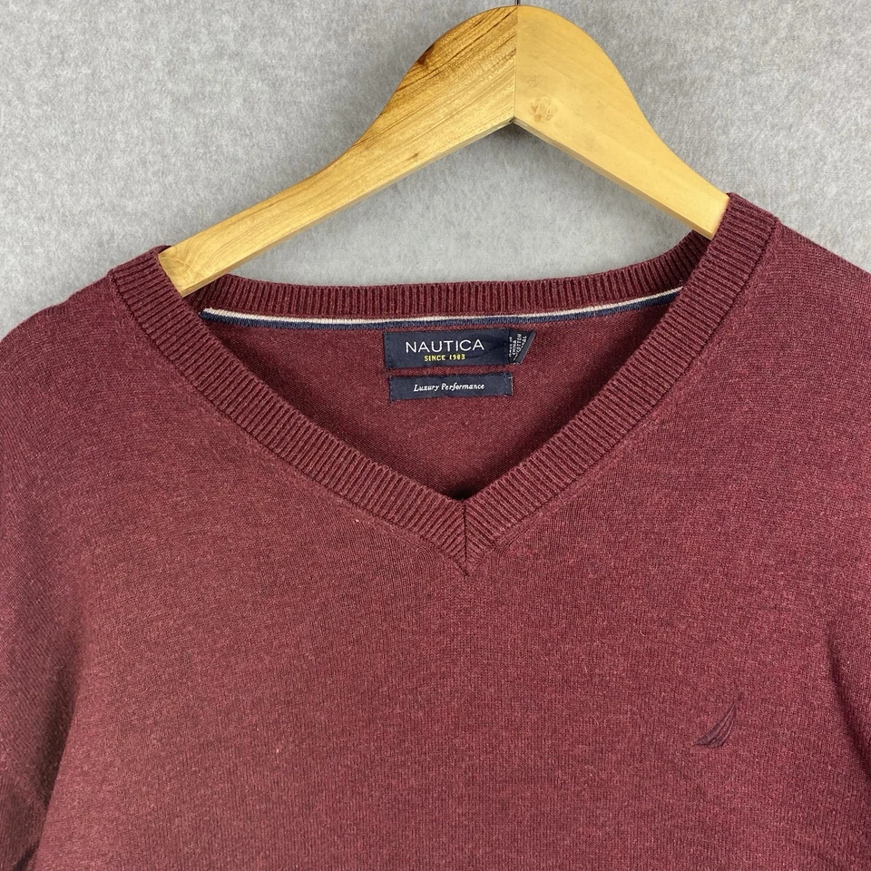 Nautica Sweater Mens XL Burgundy V Neck Pullover Luxury Performance Blend - Image 2 of 4