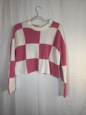 Moon and Madison Women s Pink and White Checkered Crop Sweater Size Small