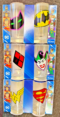 DC Comics 6pc Drinking Glass Set Batman Superman Joker Harley Quinn Wonder Woman