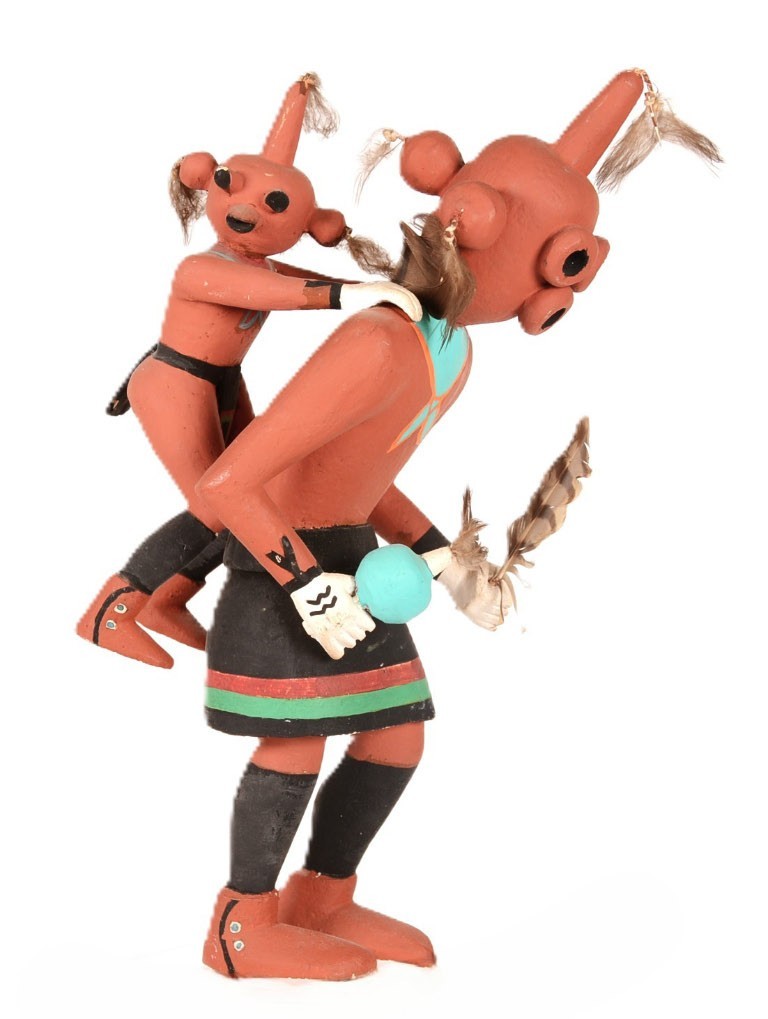 Hopi Kachina 2 Piggyback Kooyemsi or Mudhead Dolls ca 1960-1970