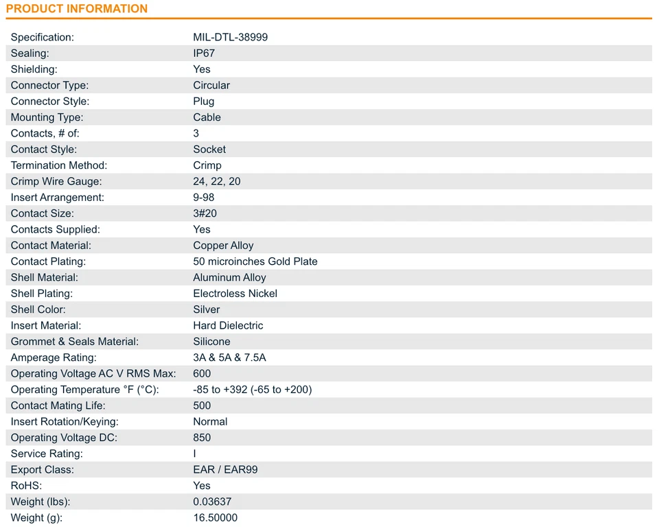 NEW Amphenol TVS06RF-9-98S - 3 Position Circular Mil Spec Connector TVS06RF998S - Image 2 of 2