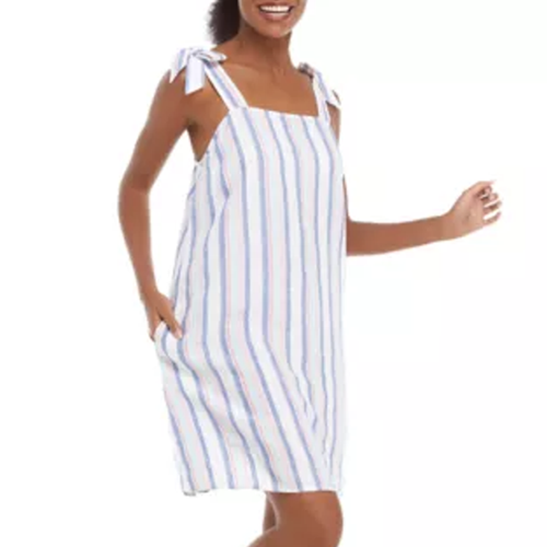Crown Ivy Medium Dress Striped Tie Strap Dress Beach Clouds White Blue Red 854