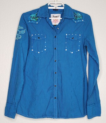 Roar Womens Western Top Size Medium Blue Black Embellished Collared Button Down