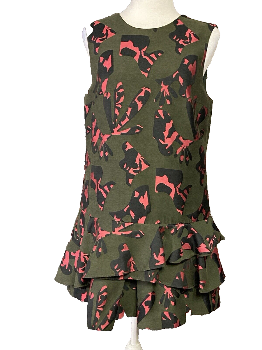 Banana Republic Dress Womens 8 Green Pink Abstract Ruffle Hem Sleeveless  Shift