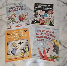 There Was An Old Lady Who Swallowed Snow Book + 3 More Paperback Books Lot Of 4