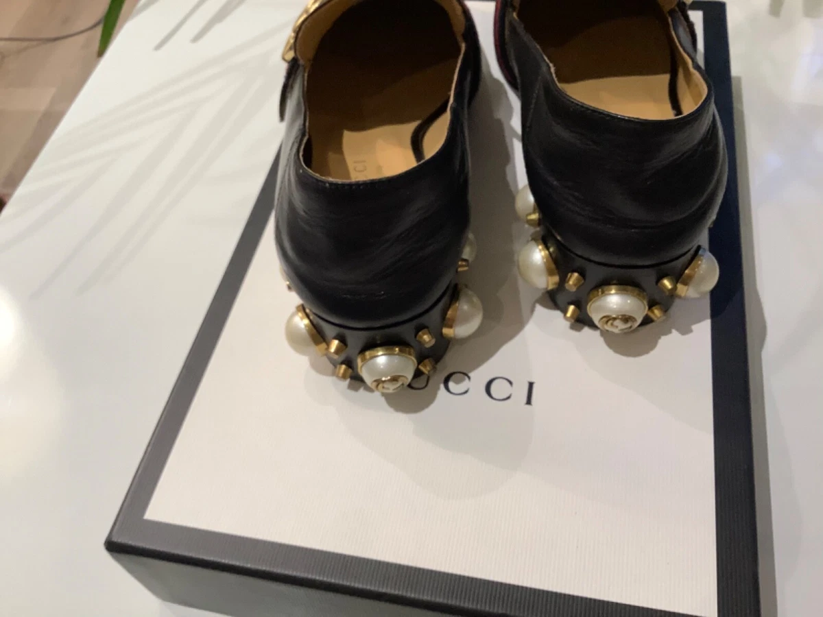GUCCI Ladies Leather Black Mid Heel Loafer with Stacked Heel