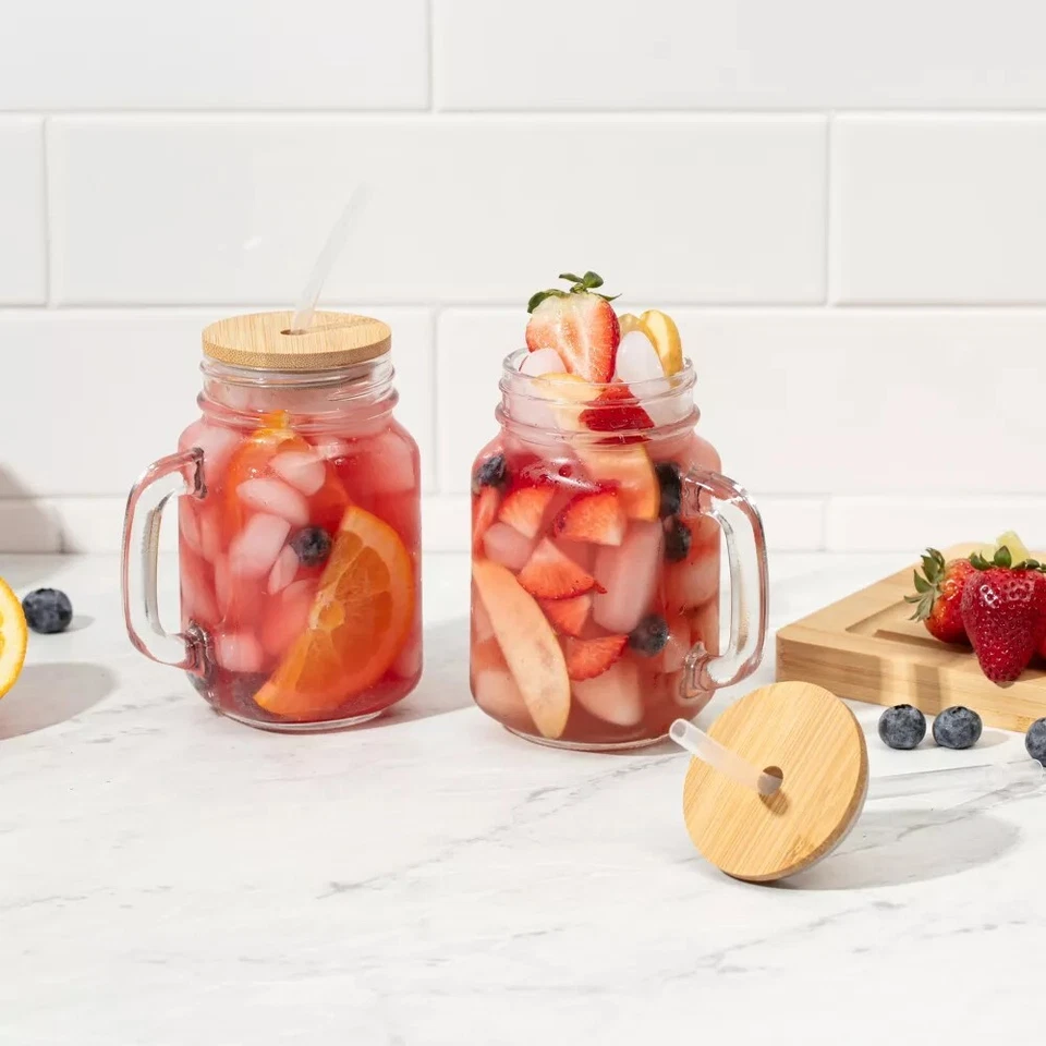 Tarros de vidrio de 4 piezas con tapas de bambú y pajita, tarro de albañil de 16 oz vasos para beber Foto 3 de 4