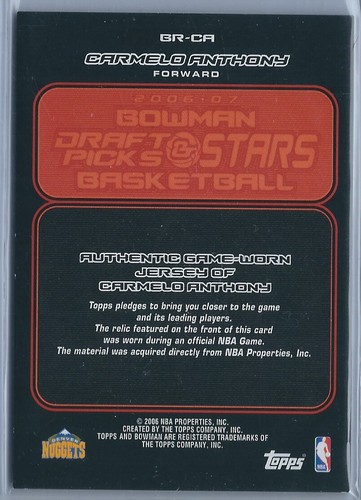 2006-2007 Bowman DP&S Basketball Carmelo Anthony Denver Nuggets Jersey Card - Picture 2 of 2