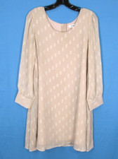 BB DAKOTA Beige w/Silver Metallic Ovals LINED CHIFFON Shift Flowy A-LINE DRESS L