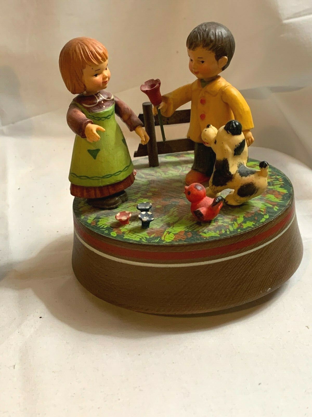 Vintage Anri Hand Carved Wood Rotating Music Box Boy and Girl Song is