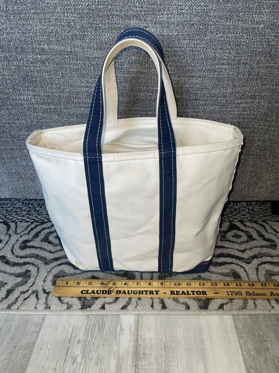 LL BEAN Canvas Tote Boat Bag Natural with Blue Trim Zip
