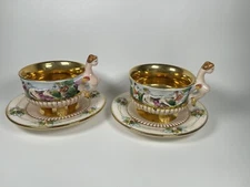 Vintage Capodimonte Tri-Footed Cups & Saucers (2) Mermaid Handles, Gold Gilt