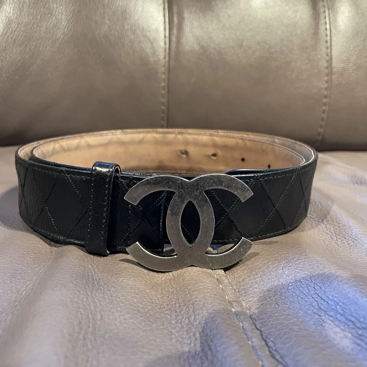 Chanel CC Black Quilted Leather Belt Size 95