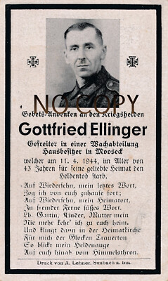 100% WW 2 - death picture G. Ellinger Mooseck - guard department found 1944 X1